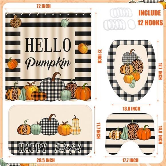 Preboun 4 Pcs Fall Pumpkin Shower Curtain Set 72" Autumn‎ Farmhouse Bathroom - Picture 2 of 8